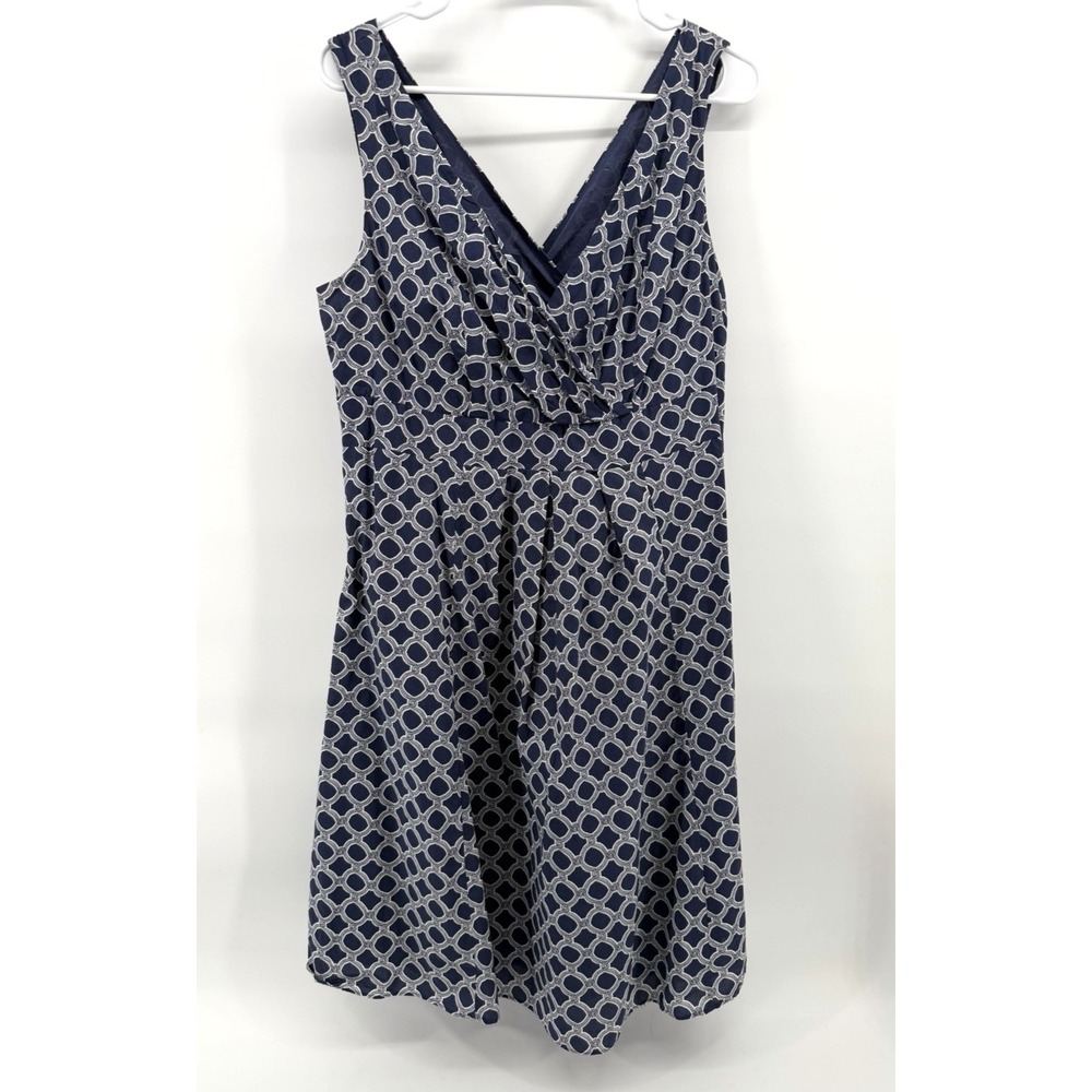 Lands' End Navy White Lined Party Dress Sleeveless Geometric V Neck Women 16 EUC